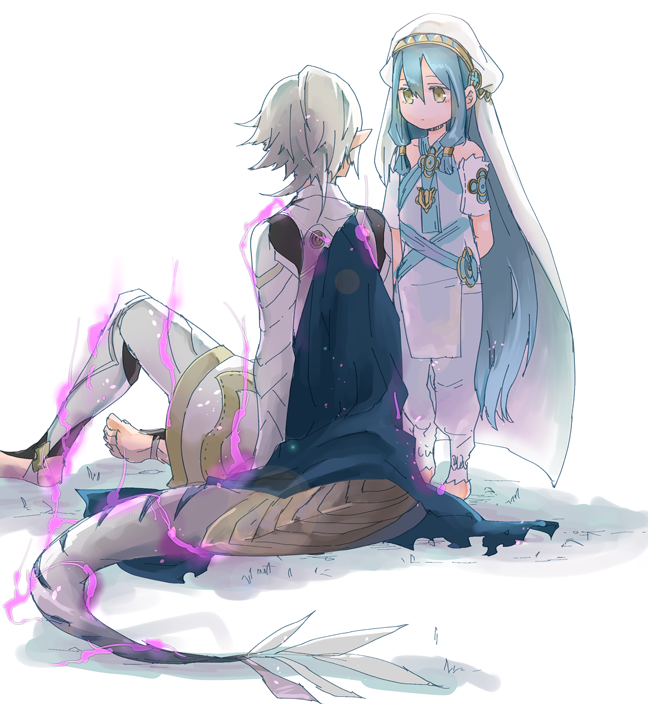 1boy 1girl aged_down armor arms_behind_back aura azura_(fire_emblem) azura_(young)_(fire_emblem) barefoot blue_cape blue_hair cape child closed_mouth commentary_request corrin_(fire_emblem) corrin_(male)_(fire_emblem) dark_aura dragon_tail fire_emblem fire_emblem_fates fire_emblem_heroes grey_hair hat long_hair looking_at_another pointy_ears robaco short_hair simple_background sitting tail toes veil very_long_hair white_background white_hat yellow_eyes