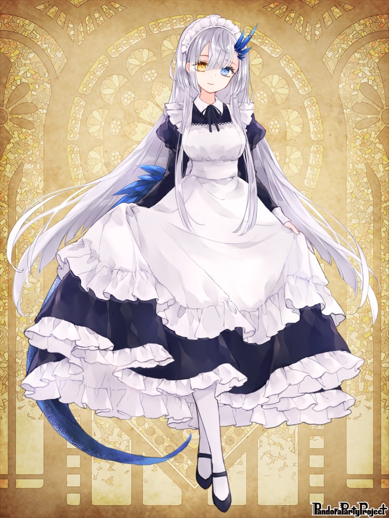 1girl apron black_dress black_footwear black_ribbon blue_eyes blue_horns blunt_bangs breasts closed_mouth collared_dress copyright_name crossed_legs double-parted_bangs dragon_girl dragon_horns dragon_tail dress frilled_apron frilled_dress frills full_body hair_between_eyes heterochromia horn_ornament horns juliet_sleeves long_hair long_sleeves looking_at_viewer maid maid_apron maid_headdress mary_janes medium_breasts medium_dress natsu_nts neck_ribbon pandora_party_project pantyhose puffy_sleeves ribbon shoes sidelocks single_horn skirt_hold sleeve_cuffs smile solo standing tail very_long_hair watson_cross white_apron white_hair white_pantyhose yellow_background yellow_eyes