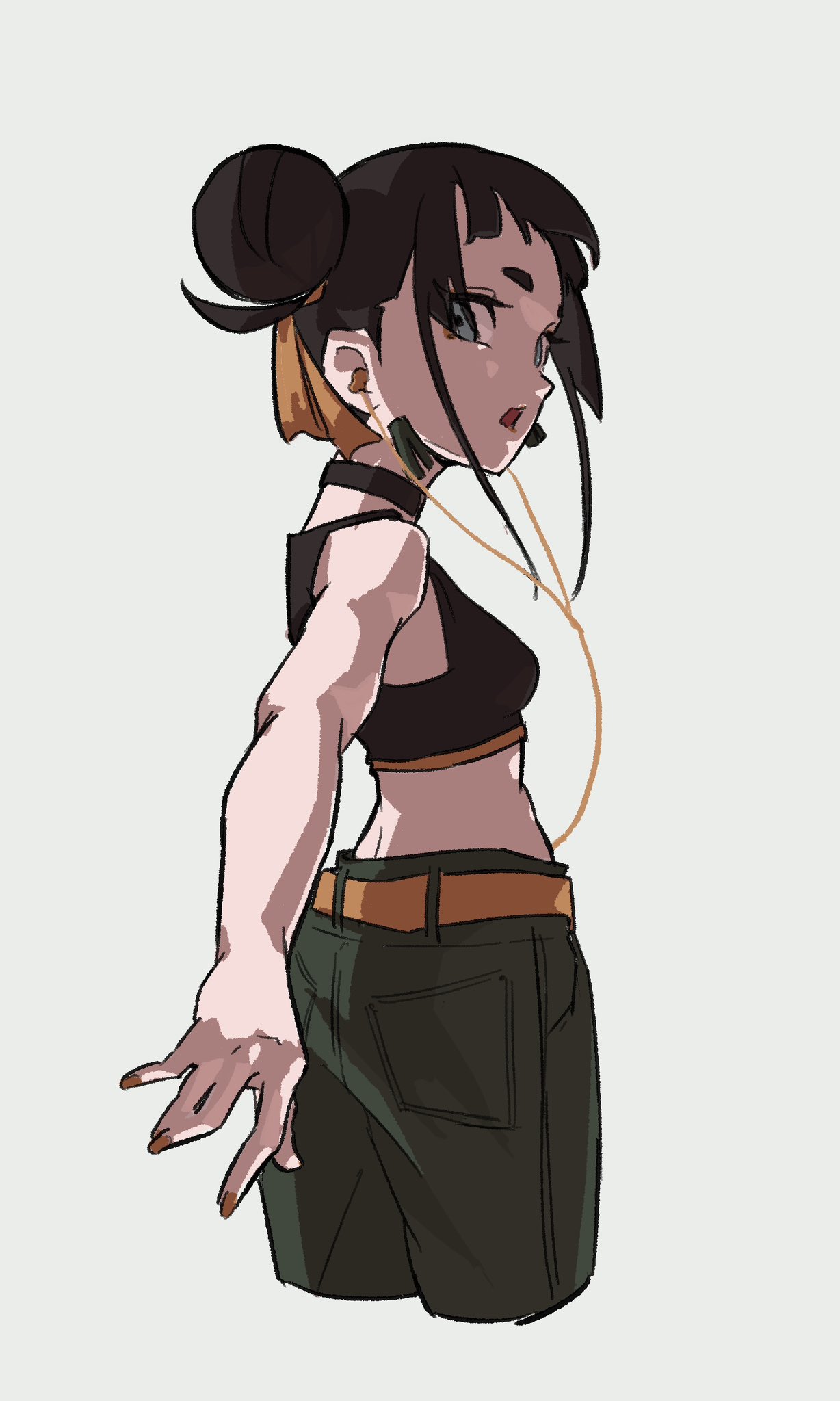 1girl arm_at_side bare_arms bare_shoulders belt black_hair black_tank_top blue_eyes breasts cable choker crop_top double_bun earphones gaako_illust green_pants hair_bun hair_ribbon hand_up highres looking_at_viewer looking_back midriff nail_polish ofuda_earrings open_mouth orange_nails orange_ribbon original outstretched_arm pants pocket reaching reaching_towards_viewer ribbon simple_background sleeveless solo tank_top toned updo white_background