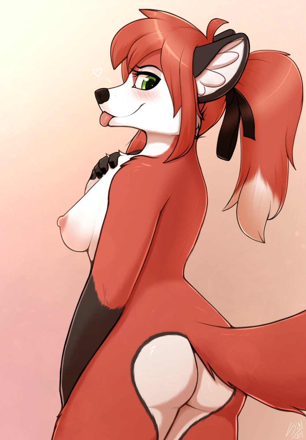 2024 anthro areola black_nose blush breasts butt canid canine digital_media_(artwork) eyebrows eyelashes female fingers green_eyes hair hi_res mammal nipples nude simple_background smile solo stargazer