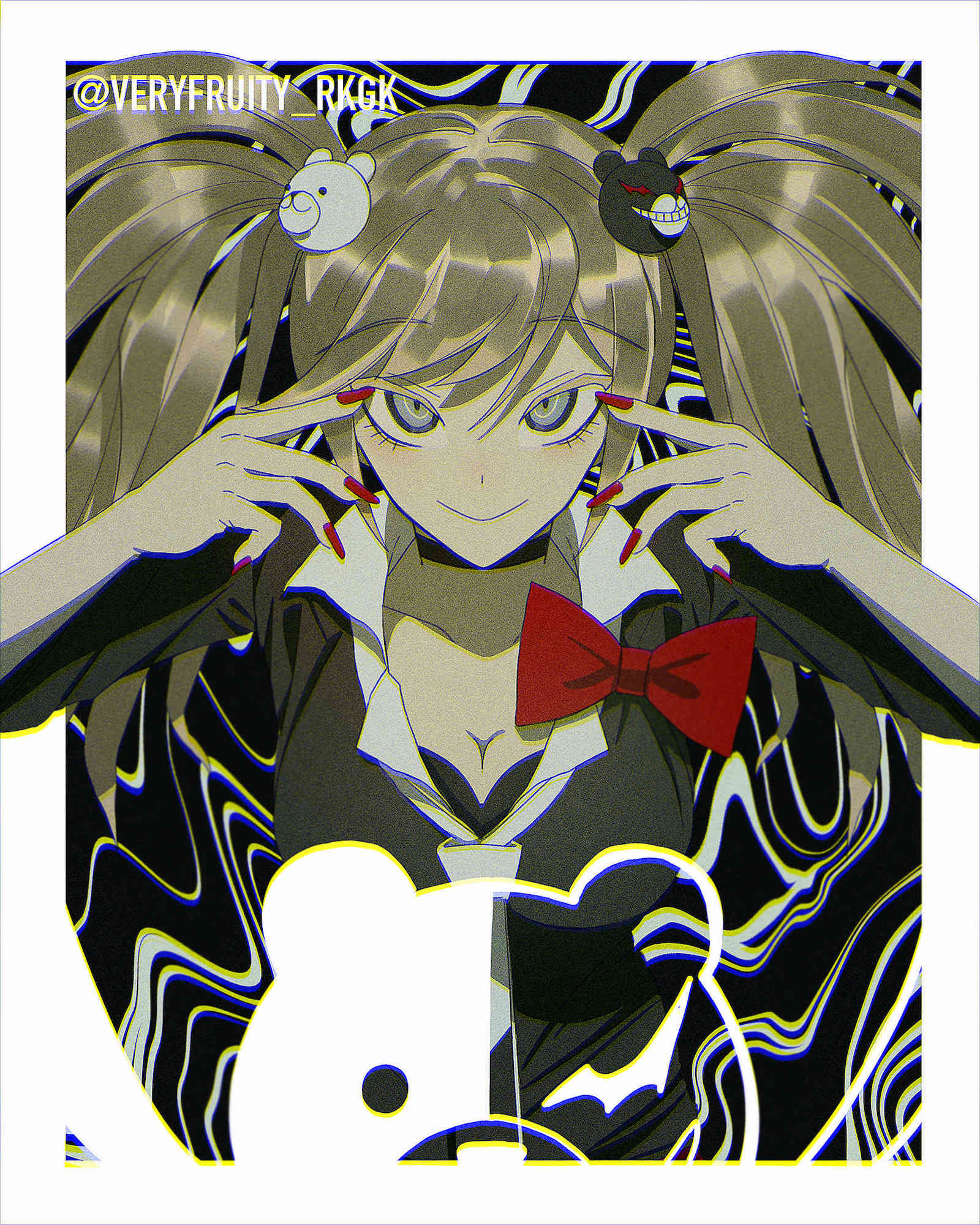 1girl bear bear_hair_ornament black_background black_bra black_jacket black_necktie black_sleeves blonde_hair blue_eyes border bow bowtie bra breasts cleavage closed_mouth collared_shirt commentary danganronpa:_trigger_happy_havoc danganronpa_(series) english_commentary enoshima_junko eyelashes eyelid_pull hair_ornament highres jacket large_breasts long_hair long_sleeves looking_at_viewer monokuma nail_polish necktie outside_border red_bow red_bowtie red_nails shirt simple_background sleeves_past_elbows smile solo straight-on twintails twitter_username two-tone_necktie underwear upper_body very_fruity white_border white_necktie white_shirt