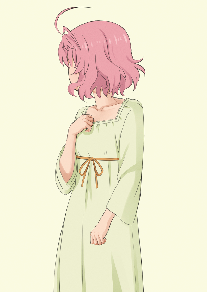 1girl ahoge akuyaku_reijou_level_99:_watashi_wa_ura-boss_desu_ga_maou_dewa_arimasen alicia_ehnleit easy_(aqk7bdqt) flat_chest hand_up long_sleeves looking_back pajamas pink_hair short_hair simple_background solo standing