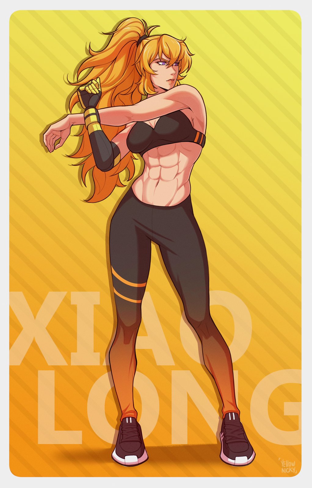 1girl abs black_pants black_sports_bra blonde_hair border breasts character_name full_body highres long_hair mechanical_arms navel pants rwby single_mechanical_arm solo sports_bra stomach stretching striped_background white_border yang_xiao_long yellow_background yellow_nicky