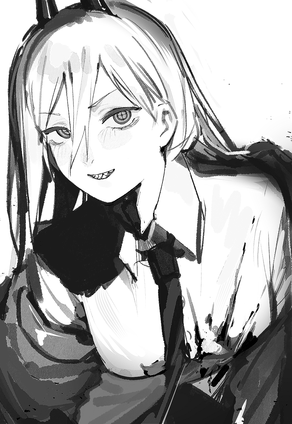 1girl blood blood_on_clothes breasts chainsaw_man collared_shirt cross-shaped_pupils greyscale hair_between_eyes highres horns jacket long_hair looking_at_viewer monochrome necktie open_clothes open_jacket power_(chainsaw_man) sharp_teeth shirt simple_background sirayukisiu sketch solo symbol-shaped_pupils teeth upper_body