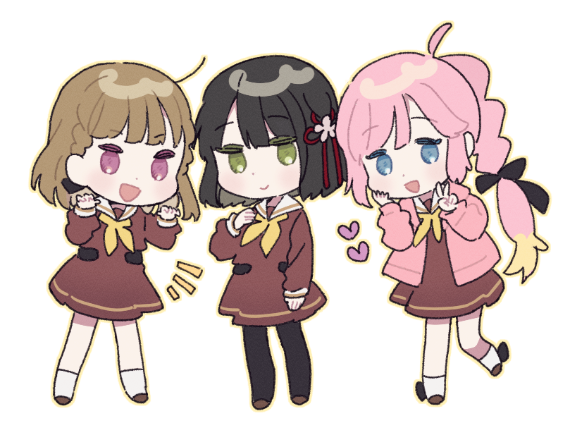 3girls :&gt; :d anyoji_hime black_hair black_pantyhose black_ribbon blonde_hair blue_eyes blunt_bangs blunt_ends braid brown_dress brown_footwear brown_hair claw_pose closed_mouth commentary deformed dghd dress flower gradient_hair green_eyes hair_flower hair_ornament hair_ribbon hand_on_own_cheek hand_on_own_chest hand_on_own_face hands_up hasu_no_sora_school_uniform heart jacket kachimachi_kosuzu link!_like!_love_live! long_hair long_sleeves looking_at_viewer loose_hair_strand love_live! momose_ginko multi-tied_hair multicolored_hair multiple_girls neckerchief notice_lines open_clothes open_jacket open_mouth outline pantyhose pink_eyes pink_hair pink_jacket ponytail ribbon sailor_collar sailor_dress school_uniform short_dress short_hair side_braids sidelocks simple_background smile straight_hair transparent_background v very_long_hair virtual_youtuber white_sailor_collar winter_uniform yellow_neckerchief yellow_outline