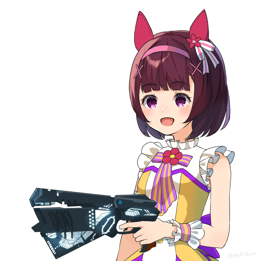 1girl animal_ears black_hair blush breasts commentary_request dominator_(gun) empty_eyes gun hair_ornament handgun headband horse_ears horse_girl makiyuki medium_hair nishino_flower_(umamusume) open_mouth psycho-pass purple_eyes ribbon sleeveless small_breasts solo umamusume weapon white_background x_hair_ornament