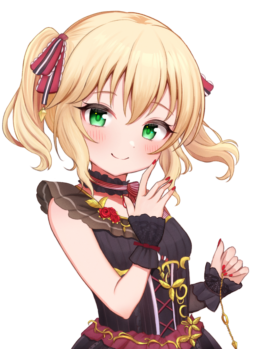 1girl blonde_hair blush choker corset daysss green_eyes hair_ribbon highres idolmaster idolmaster_cinderella_girls idolmaster_cinderella_girls_starlight_stage looking_at_viewer nail_polish ribbon sakurai_momoka smile solo twintails wrist_cuffs