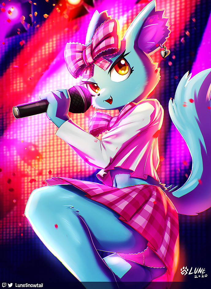 2020 accessory aggressive_retsuko amber_eyes anthro artist_name biped black_nose blue_body blue_fur bottomwear bow_ribbon bow_tie butt clothed clothing cute_fangs dated digital_media_(artwork) ear_piercing female fully_clothed fur hair_accessory hair_bow hair_ribbon holding_microphone holding_object idol lunesnowtail mammal manaka_(aggretsuko) microphone navel on_one_leg open_mouth panties panty_shot pattern_bottomwear pattern_bow pattern_bow_tie pattern_clothing pattern_skirt piercing pink_clothing pink_panties pink_underwear ribbons sanrio shaded skirt solo standing tail topwear underwear