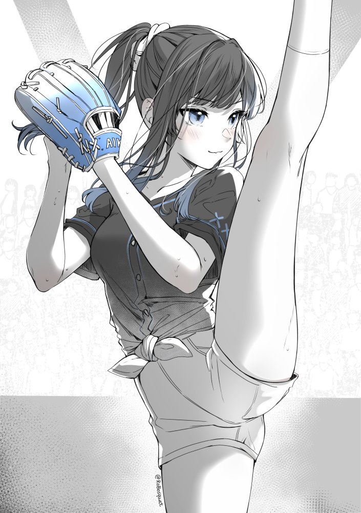 1girl baseball_mitt blue_eyes blue_hair breasts carrot_(robosquat) gradient_hair leg_up long_hair looking_to_the_side monochrome multicolored_hair original pitching ponytail shirt short_shorts shorts small_breasts smile solo split spot_color standing standing_on_one_leg standing_split sweat t-shirt tied_shirt two-tone_hair