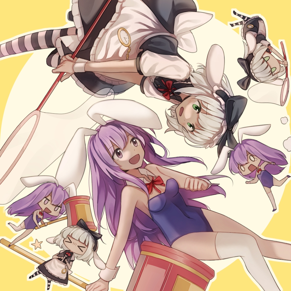 2girls animal_ears breasts butterfly_net chinese_commentary detached_collar erina_(rabi-ribi) green_eyes hair_ribbon hand_net inuko_(ink0425) irisu_(rabi_ribi) large_breasts maid maid_headdress medium_breasts multiple_girls playboy_bunny pocket_watch purple_eyes purple_hair rabbit_ears rabbit_girl rabbit_tail rabi-ribi ribbon striped striped_thighhighs tail thighhighs translation_request watch white_hair white_thighhighs