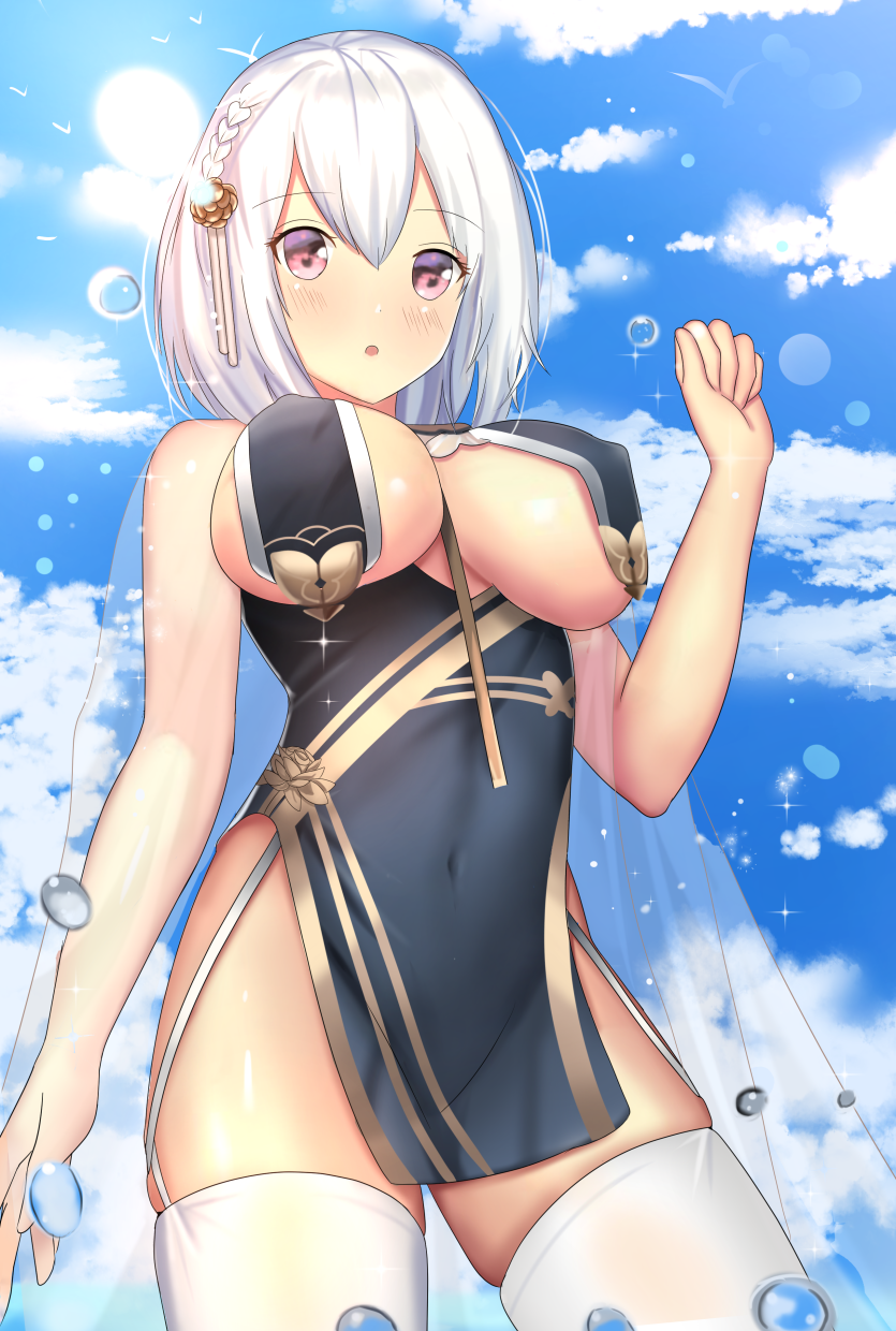 1girl :o ame_sagari azur_lane bare_arms bare_shoulders black_tabard blue_sky braid breasts cleavage cloud commentary covered_nipples cowboy_shot day hair_ornament highres large_breasts light_blush looking_at_viewer medium_hair official_alternate_costume open_mouth outdoors pink_eyes revealing_clothes see-through_cape side_braid simple_bird sirius_(azur_lane) sirius_(azure_horizons)_(azur_lane) sky solo sun tabard thighhighs thighs water_drop white_hair white_thighhighs