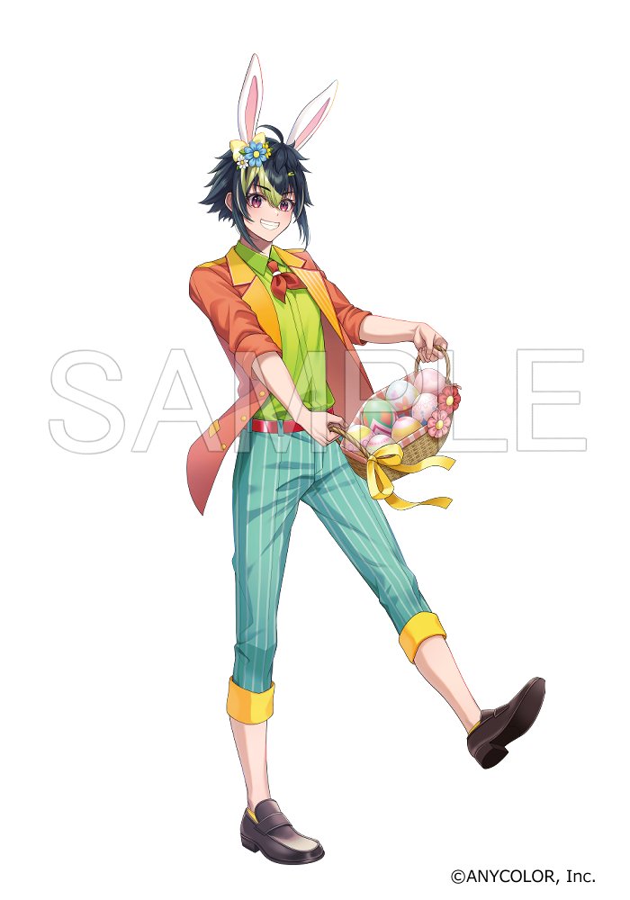 1boy ahoge animal_ears aqua_pants basket belt black_hair bow brown_footwear capri_pants collared_shirt copyright_notice easter easter_egg egg flower full_body green_hair green_shirt hair_between_eyes hair_bow hair_flower hair_ornament hana_arare holding holding_basket inami_rai jacket lapels loafers looking_at_viewer male_focus multicolored_hair neckerchief nijisanji notched_lapels official_art open_clothes open_jacket pants pink_flower pinstripe_pants pinstripe_pattern purple_eyes rabbit_ears red_belt red_flower red_jacket red_neckerchief sample_watermark shirt shirt_tucked_in shoes short_hair sidelocks simple_background sleeves_rolled_up solo standing standing_on_one_leg streaked_hair virtual_youtuber watermark white_background yellow_bow