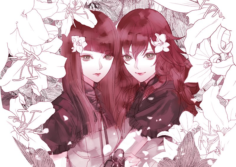 2girls blunt_bangs breasts capelet commentary_request devola diagonal_bangs flower greyscale hair_between_eyes hair_flower hair_ornament kiyohara_hiro medium_breasts monochrome multiple_girls nier:automata nier_(series) popola red_hair red_theme siblings sisters smile