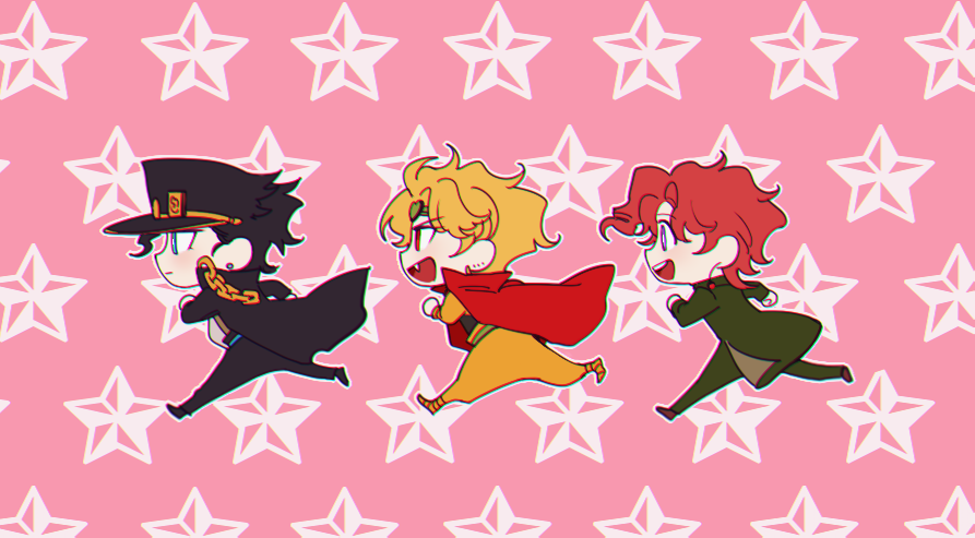 3boys beatmania_iidx birthmark black_hair blonde_hair blue_eyes cape chain cherry_earrings chibi commentary_request dio_brando earrings fang food-themed_earrings gakuran green_headband hat headband jewelry jojo_no_kimyou_na_bouken kakyoin_noriaki kujo_jotaro male_focus multiple_boys open_mouth parody purple_eyes red_cape red_eyes red_hair school_uniform sempon_(doppio_note) smile smooooch stardust_crusaders starry_background stud_earrings