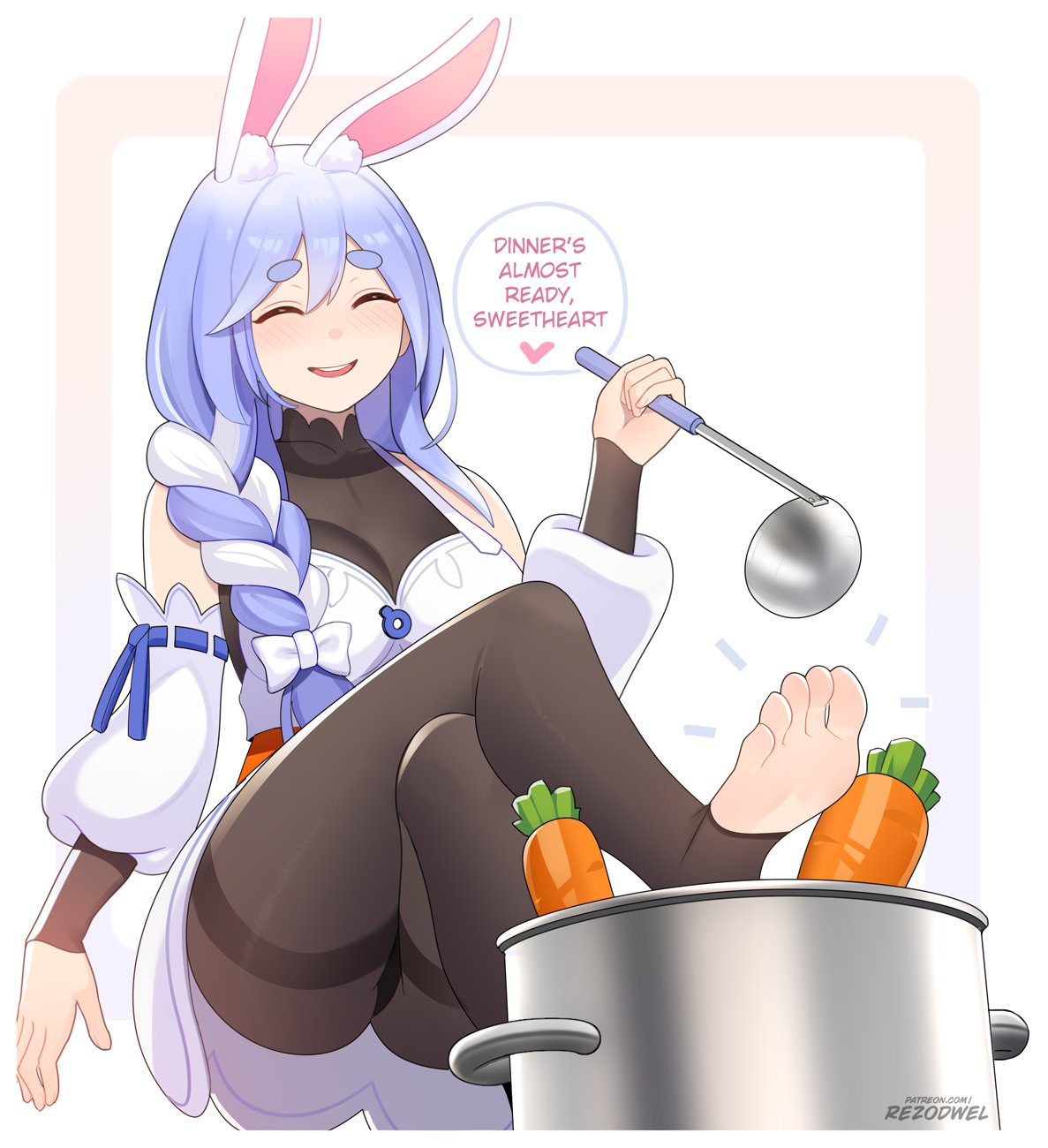 1girl animal_ear_fluff animal_ears blue_hair braid breasts closed_eyes feet foot_focus foot_up highres hololive long_hair looking_at_viewer mature_female multicolored_hair pekomama rabbit_ears rabbit_girl rezodwel short_eyebrows smile soles solo spread_toes stirrup_legwear thick_eyebrows toeless_legwear toes virtual_youtuber white_hair