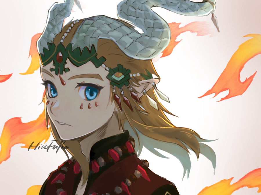 1boy blonde_hair blue_eyes crystal_earrings dragon_horns earrings ember_set_(zelda) facial_mark fire hair_ornament hirofujie horns jewelry link male_focus medium_hair parted_lips pointy_ears signature solo the_legend_of_zelda the_legend_of_zelda:_tears_of_the_kingdom upper_body