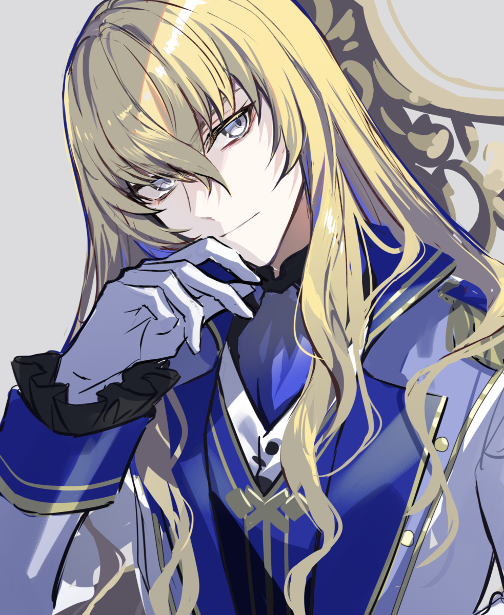 1boy ascot black_shirt blonde_hair blue_ascot blue_vest closed_mouth commentary expressionless fate/grand_order fate_(series) frilled_sleeves frills gloves gold_trim grey_background grey_eyes hair_between_eyes hand_on_own_chin hand_up highres jacket kirschtaria_wodime long_hair long_sleeves looking_at_viewer looking_to_the_side male_focus official_alternate_costume pale_skin poppoman shirt simple_background sketch sleeve_cuffs solo upper_body vest white_gloves white_jacket