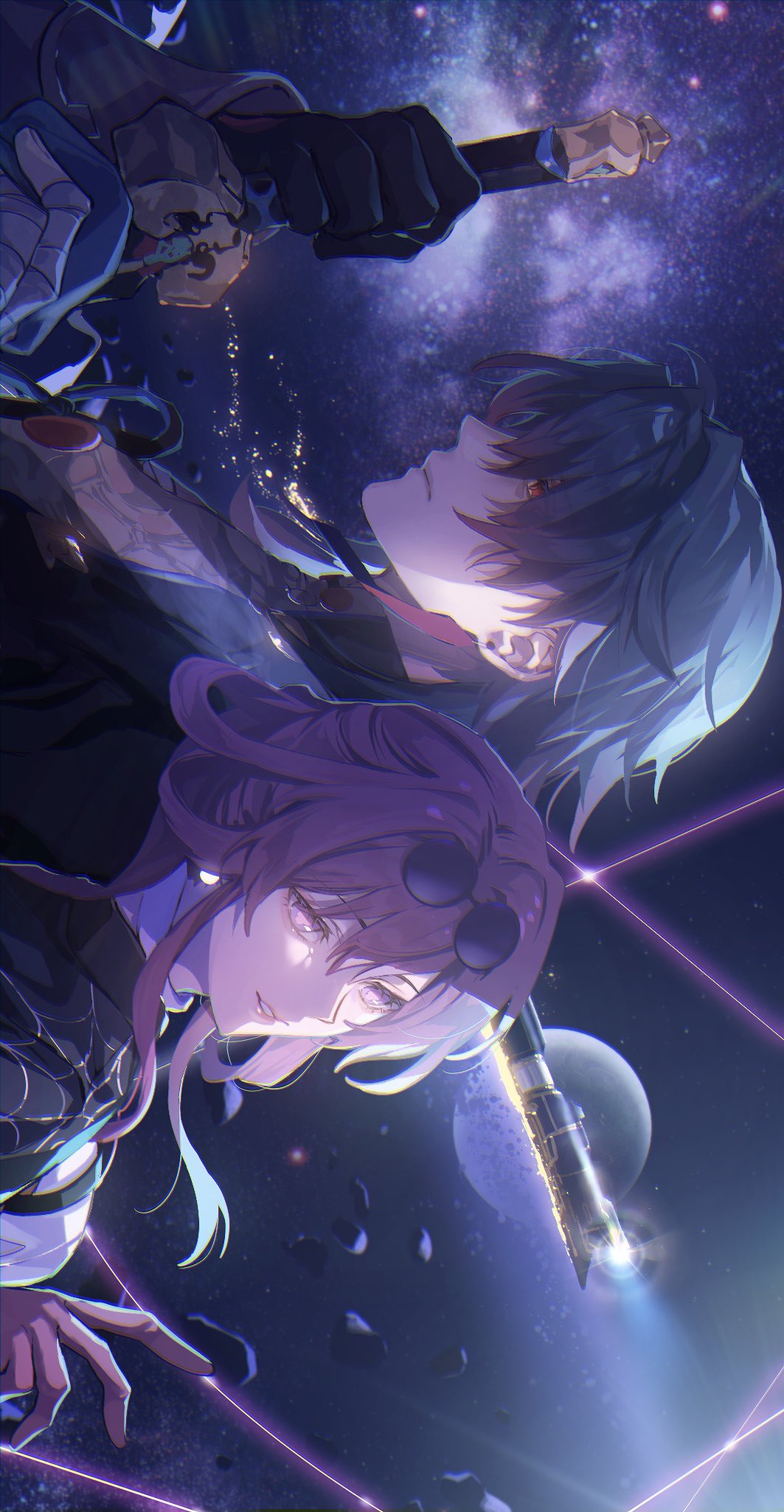 1boy 1girl bandaged_hand bandages black_hair blade_(honkai:_star_rail) eyewear_on_head gloves highres holding holding_sword holding_weapon honkai:_star_rail honkai_(series) kafka_(honkai:_star_rail) long_hair looking_to_the_side moon purple_eyes purple_gloves purple_hair red_eyes round_eyewear star_(sky) sword weapon zassyoku_dd