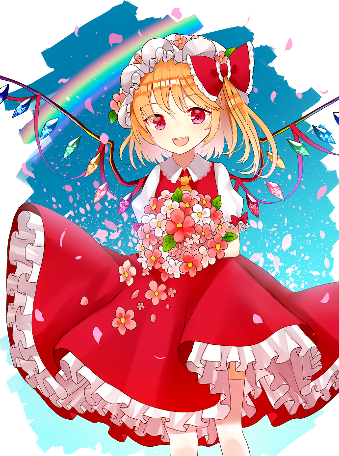 1girl ascot blonde_hair blue_background blue_sky blush bouquet bow breasts collar collared_shirt cowboy_shot cropped_legs crystal eyes_visible_through_hair fang feet_out_of_frame flandre_scarlet flower frilled_bow frills hair_between_eyes hair_bow happy hat head_tilt holding holding_bouquet jewelry leaf looking_at_viewer medium_breasts mob_cap multicolored_wings one_side_up open_mouth petals pink_flower ponytail puffy_short_sleeves puffy_sleeves rainbow red_bow red_eyes red_nails red_ribbon red_skirt red_vest ribbon sakizaki_saki-p shirt short_hair short_sleeves skirt sky smile solo standing thighs tongue touhou vest white_background white_flower white_hat white_shirt wings wrist_cuffs yellow_ascot