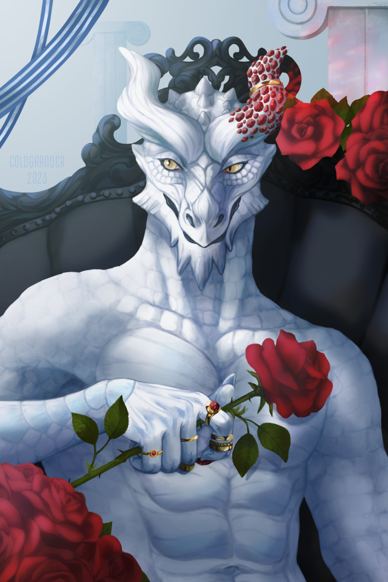 abs anthro bedroom_eyes chair dragon flower furniture gem hi_res holding_flower holding_object holding_rose horn horn_jewelry jewelry laksdroun male muscular muscular_male mythological_creature mythological_scalie mythology narrowed_eyes plant ring rose_(flower) ruby_(gem) scalie seductive solo throne throne_room white_dragon xanvaal yellow_eyes