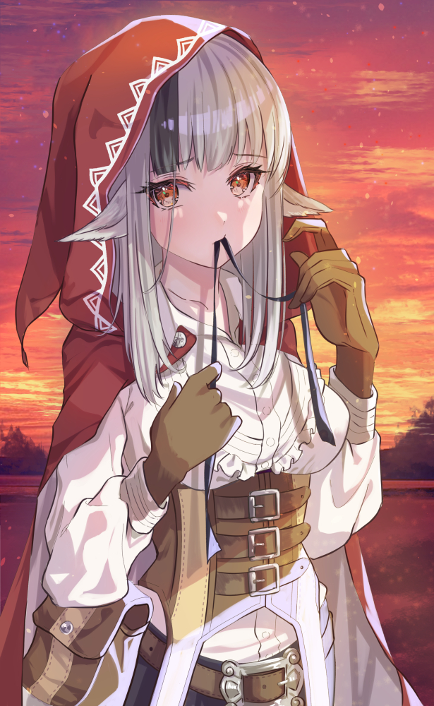 1girl animal_ears belt belt_buckle black_hair black_ribbon breasts brown_belt brown_gloves buckle cape commentary_request fire_emblem fire_emblem_fates fuussu_(21-kazin) gloves grey_hair hood hood_up hooded_cape long_hair long_sleeves looking_at_viewer medium_breasts mouth_hold multicolored_hair orange_sky outdoors red_cape red_eyes ribbon shirt sky solo streaked_hair two-tone_hair velouria_(fire_emblem) white_shirt wolf_ears wolf_girl