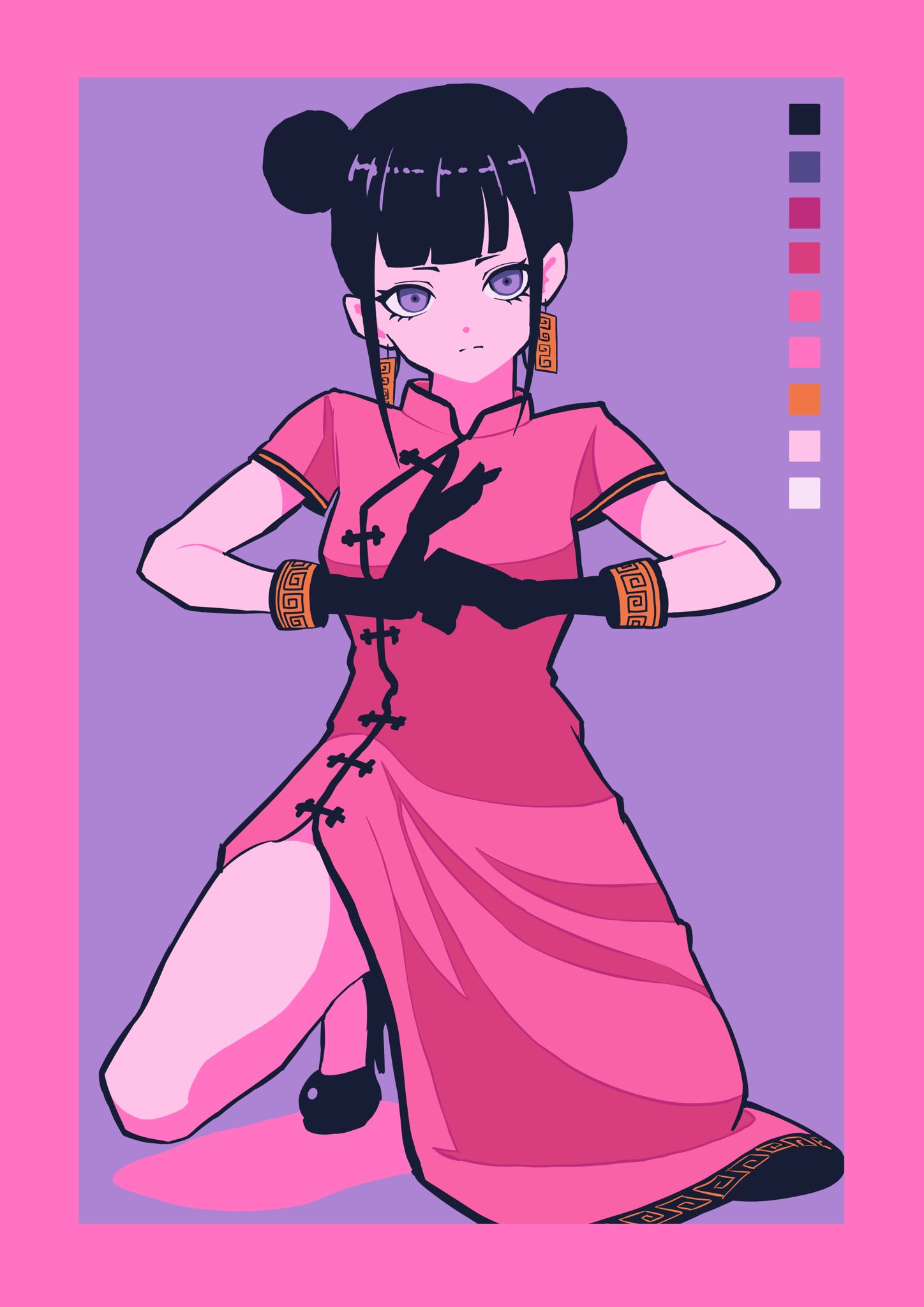 1girl black_footwear black_gloves black_hair border breasts china_dress chinese_clothes color_guide double_bun dress fist_in_hand frown gaako_illust gloves hair_bun head_tilt highres kneeling limited_palette looking_at_viewer ofuda_earrings original pink_dress purple_background short_sleeves side_slit solo still_life updo