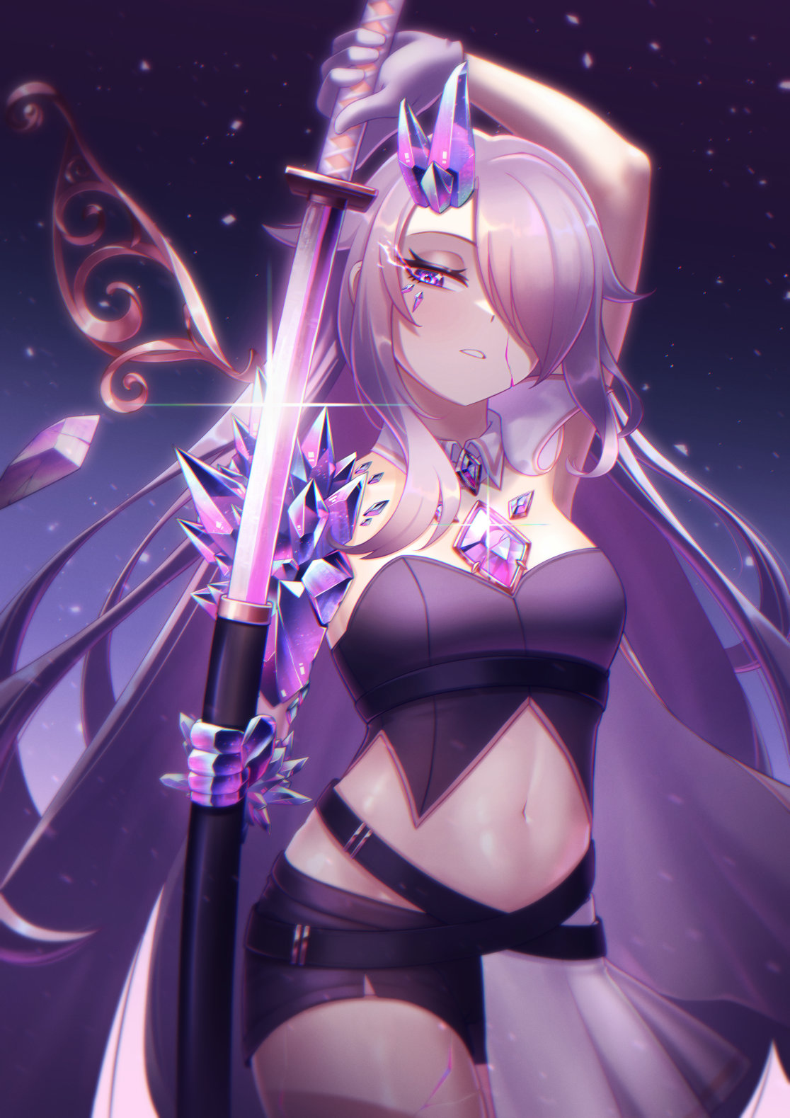 1girl blush breasts chest_jewel cipher4109 gem grey_hair hair_over_one_eye highres holding holding_sword holding_weapon hololive hololive_english jewel_under_eye katana koseki_bijou long_hair looking_at_viewer multicolored_hair navel purple_eyes purple_gemstone sword virtual_youtuber weapon