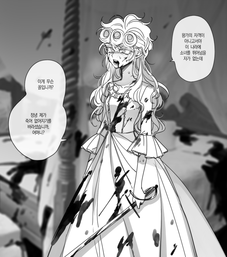 1girl bed blood blood_from_mouth blood_on_clothes blood_on_face blood_on_weapon blurry blurry_background breasts commentary_request curtains dress genderswap genderswap_(mtf) giorno_giovanna greyscale holding holding_sword holding_weapon jojo_no_kimyou_na_bouken korean_text long_dress monochrome open_mouth sempon_(doppio_note) small_breasts solo sword translation_request vento_aureo weapon