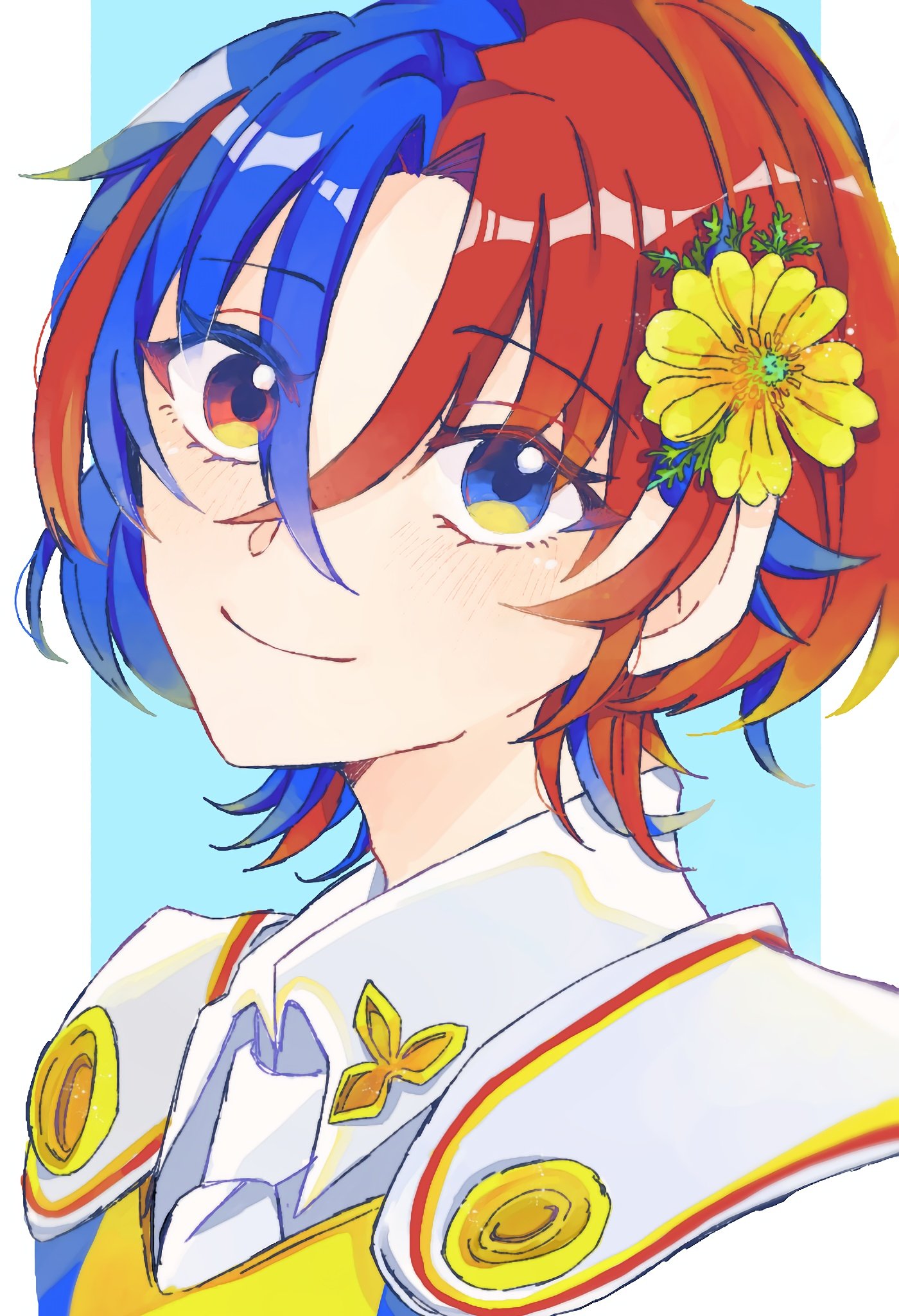 alear_(fire_emblem) alear_(male)_(fire_emblem) blue_eyes blue_hair crossed_bangs fire_emblem flower hair_flower hair_ornament heterochromia highres mamumamuhkd multicolored_hair red_eyes red_hair split-color_hair two-tone_hair