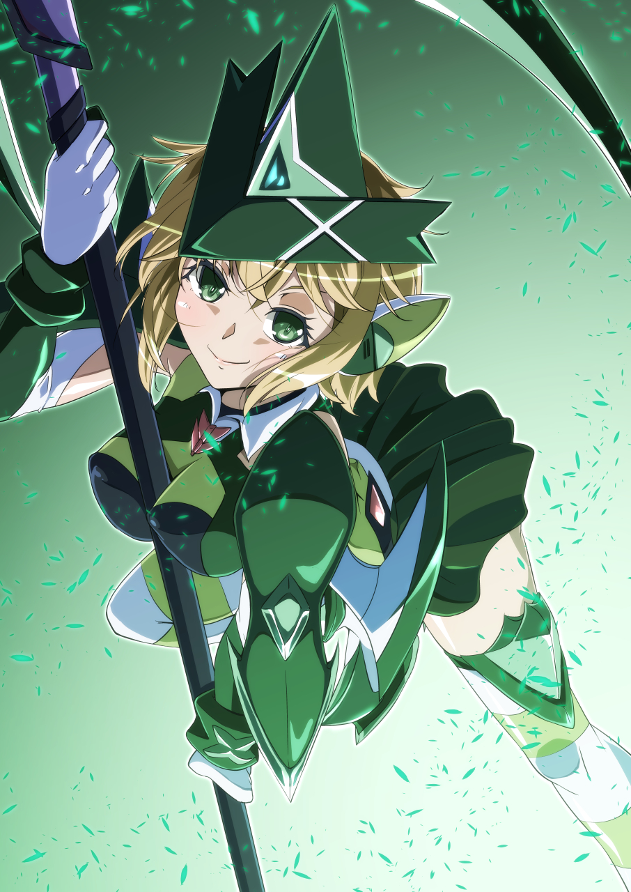 1girl akatsuki_kirika between_breasts blonde_hair blush breasts elbow_gloves gloves green_eyes green_leotard green_skirt green_thighhighs headgear highres holding holding_weapon leotard looking_at_viewer medium_breasts pole_dancing scythe senki_zesshou_symphogear shiny_skin short_hair skirt smile solo striped_clothes striped_thighhighs tappa_(esperanza) thighhighs weapon