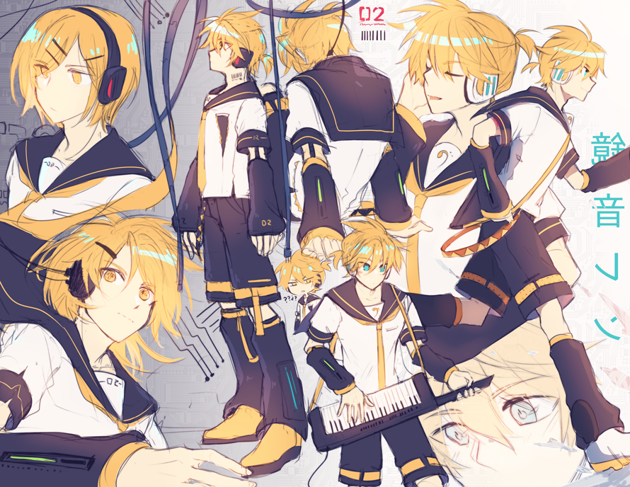 !? ahoge aqua_eyes bass_clef black_sailor_collar black_shorts black_sleeves blonde_hair cable circuit_board detached_sleeves gradient_background hair_ornament hairclip hand_on_headphones hand_on_own_ear headphones headset hikusa holding holding_instrument instrument kagamine_len kagamine_len_(if) keytar multiple_views music musical_note musical_note_print necktie power_symbol-shaped_pupils sailor_collar shirt shoes short_ponytail short_sleeves shorts singing sneakers spiked_hair straight_hair swept_bangs symbol-shaped_pupils vocaloid wavy_hair white_shirt yellow_eyes yellow_footwear yellow_necktie