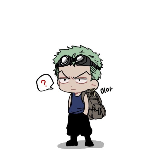 1boy ? bag black_pants black_tank_top boots chibi commentary_request enahr_1111 goggles goggles_on_head green_hair hand_in_pocket korean_commentary lowres male_focus one_piece pants roronoa_zoro short_hair shoulder_bag simple_background solo tank_top v-shaped_eyebrows white_background