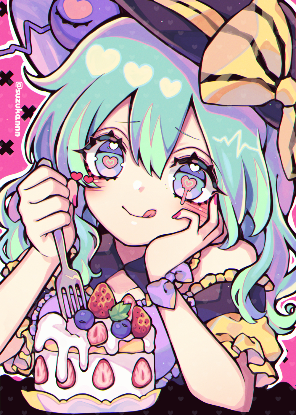 1girl :q artist_name bare_shoulders black_hat bow breasts cake closed_mouth food fork fruit green_eyes green_hair hand_on_own_cheek hand_on_own_face hat hat_bow hat_ribbon head_tilt heart heart-shaped_pupils highres holding holding_fork komeiji_koishi kyouda_suzuka looking_at_viewer medium_hair off_shoulder pink_background ribbon simple_background solo strawberry strawberry_shortcake symbol-shaped_pupils tongue tongue_out touhou upper_body yellow_bow yellow_ribbon