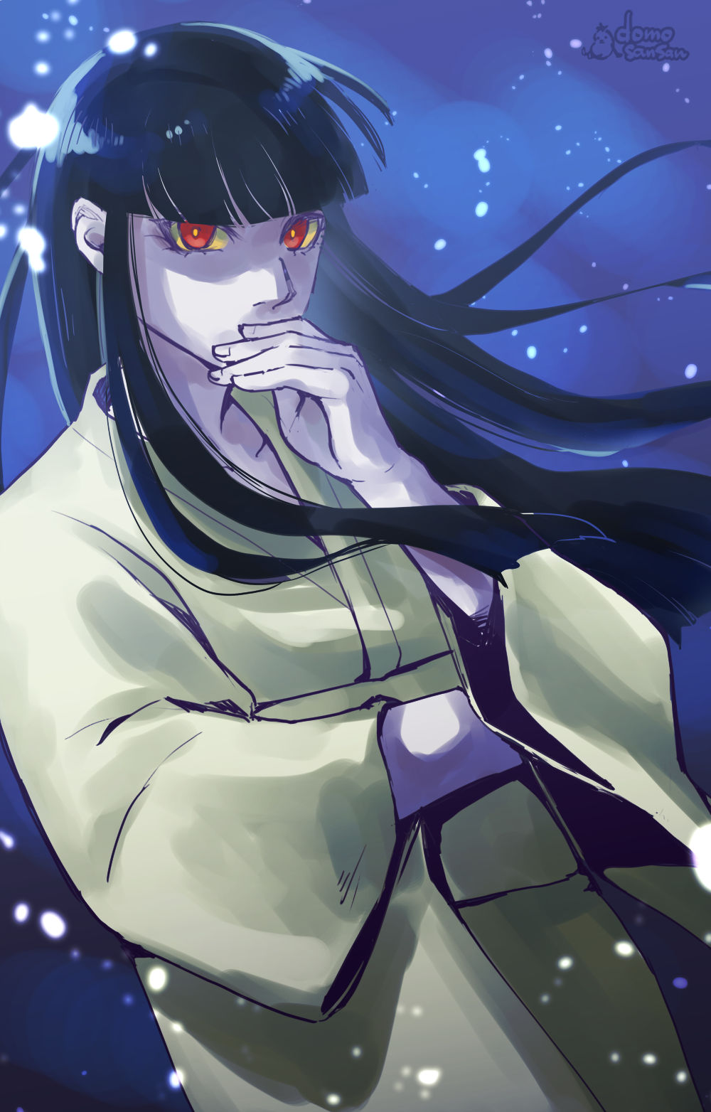 1girl black_hair blunt_bangs colored_sclera commentary_request covering_own_mouth domosansan highres japanese_clothes kimono long_hair looking_at_viewer outdoors red_eyes shin_megami_tensei snowing solo standing yellow_kimono yellow_sclera yuki_jorou yuki_onna