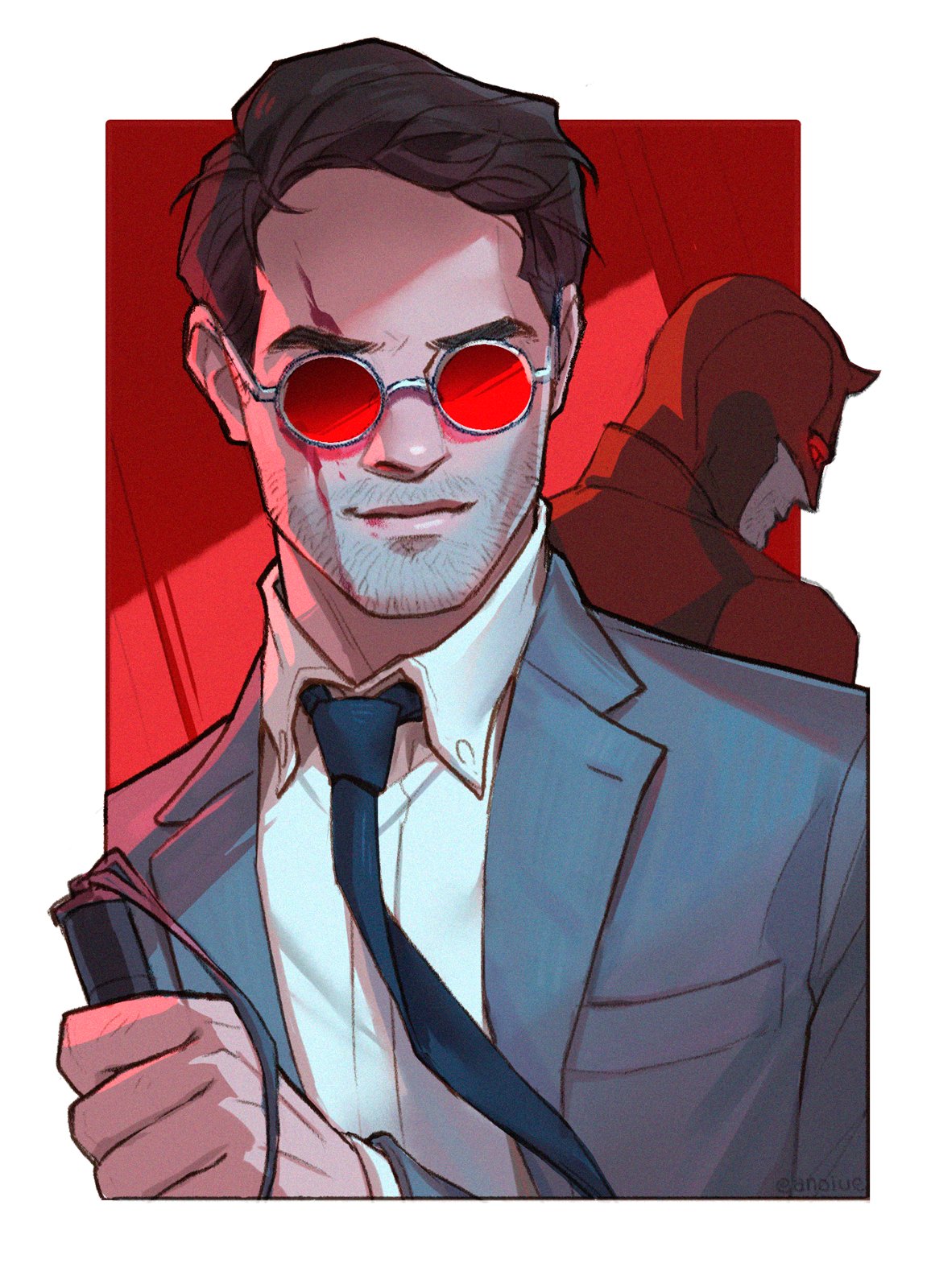 2boys anoiue beard_stubble blind blood blood_on_face brown_hair cane daredevil_(netflix) dual_persona facial_hair highres light_frown light_smile lips male_focus mask matt_murdock multiple_boys necktie red-tinted_eyewear round_eyewear short_hair smirk stubble suit superhero_costume tinted_eyewear white_cane