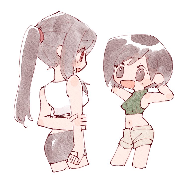 2girls arm_behind_back arms_behind_head arms_up bare_shoulders black_hair black_skirt breasts cowboy_shot crop_top cropped_legs cropped_sweater final_fantasy final_fantasy_vii final_fantasy_vii_rebirth final_fantasy_vii_remake green_sweater hand_on_own_arm high_ponytail light_blush long_hair looking_at_another medium_breasts midriff miniskirt multiple_girls navel nitoya_00630a open_mouth ponytail red_eyes short_hair shorts single_sidelock skirt sleeveless sleeveless_turtleneck small_breasts smile sweater tank_top tifa_lockhart turtleneck turtleneck_sweater white_background white_tank_top yuffie_kisaragi