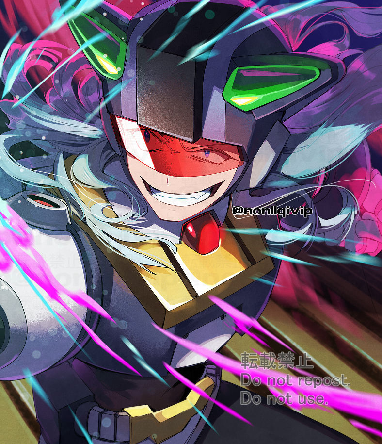 1boy android armor assault_visor black_armor black_helmet blue_eyes dynamo_(mega_man) grey_hair long_hair male_focus mega_man_(series) mega_man_x_(series) red-tinted_eyewear smirk solo tinted_eyewear twitter_username upper_body watermark yamanashi_taiki