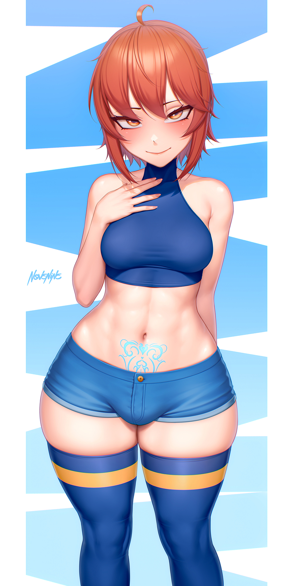 1girl ahoge arm_behind_back bare_shoulders blue_shirt blue_shorts blue_thighhighs breasts bulge closed_mouth crop_top denim denim_shorts feet_out_of_frame fingernails futanari highres long_fingernails looking_at_viewer navel orange_hair original pubic_tattoo renkonv shirt short_hair shorts sleeveless sleeveless_shirt small_breasts smile solo standing stomach tattoo thighhighs yellow_eyes