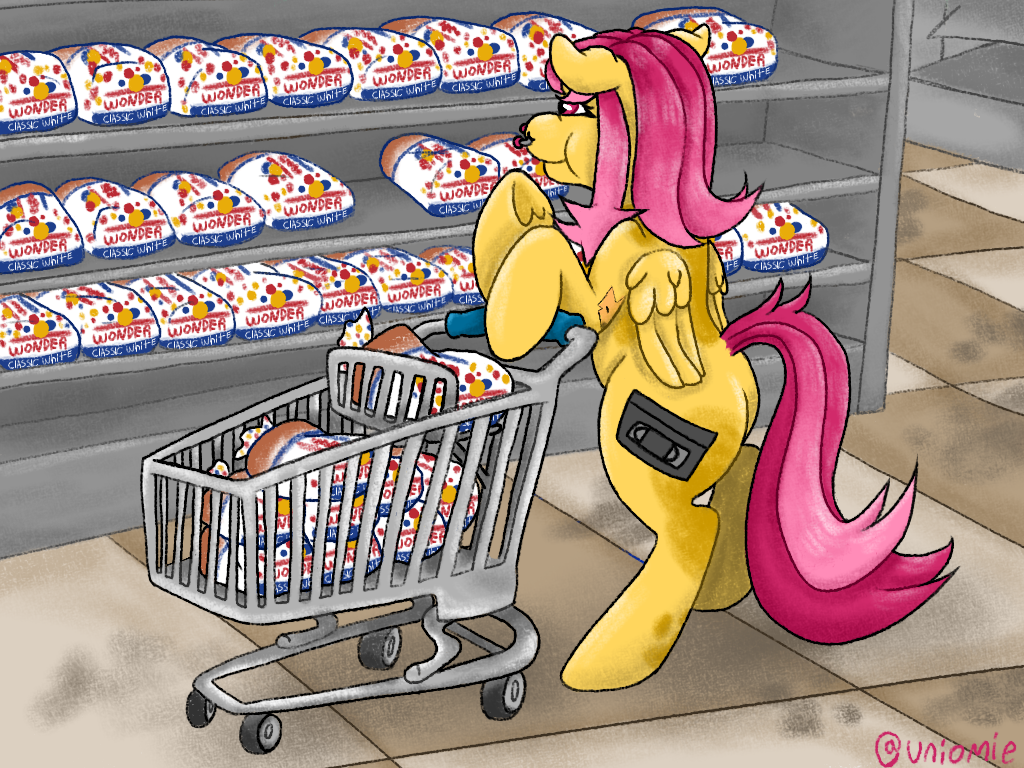 artist_uniomie bread bread_white character_emmypony emmy_pony equid equine fan_character female food hasbro horse mammal meme my_little_pony pony shopping solo store wonder_bread