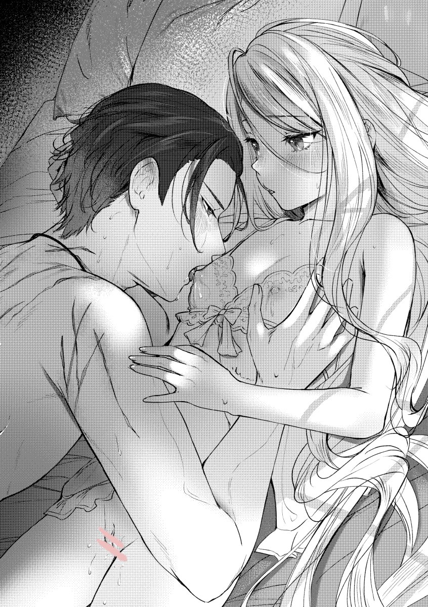 1boy 1girl babydoll bar_censor bed blush breasts carrot_(robosquat) censored couple covered_nipples greyscale hand_on_another's_head hetero highres licking licking_nipple long_hair looking_at_another lying monochrome nipple_stimulation on_back on_bed original pillow pussy scar scar_on_back small_breasts sweat