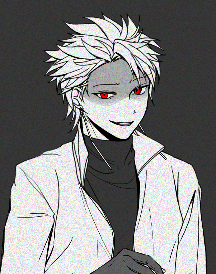 1boy b1ue_e4rth commentary_request earrings gloves grey_background greyscale jacket jewelry korean_commentary male_focus monochrome open_clothes open_jacket red_eyes saibou_shinkyoku shaded_face short_hair simple_background smile solo spot_color sweater theodore_riddle turtleneck turtleneck_sweater upper_body