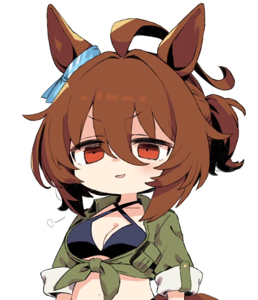 1girl agnes_tachyon_(lunatic_lab)_(umamusume) agnes_tachyon_(umamusume) animal_ears bikini black_bikini breasts brown_hair chibi cleavage criss-cross_halter ear_ornament green_jacket hair_between_eyes halterneck highres horse_ears horse_girl horse_tail jacket long_hair long_sleeves looking_at_viewer moru_(monaka) open_mouth orange_eyes puff_of_air short_hair short_ponytail simple_background small_breasts smile solo swimsuit tail tied_jacket umamusume upper_body v-shaped_eyebrows white_background