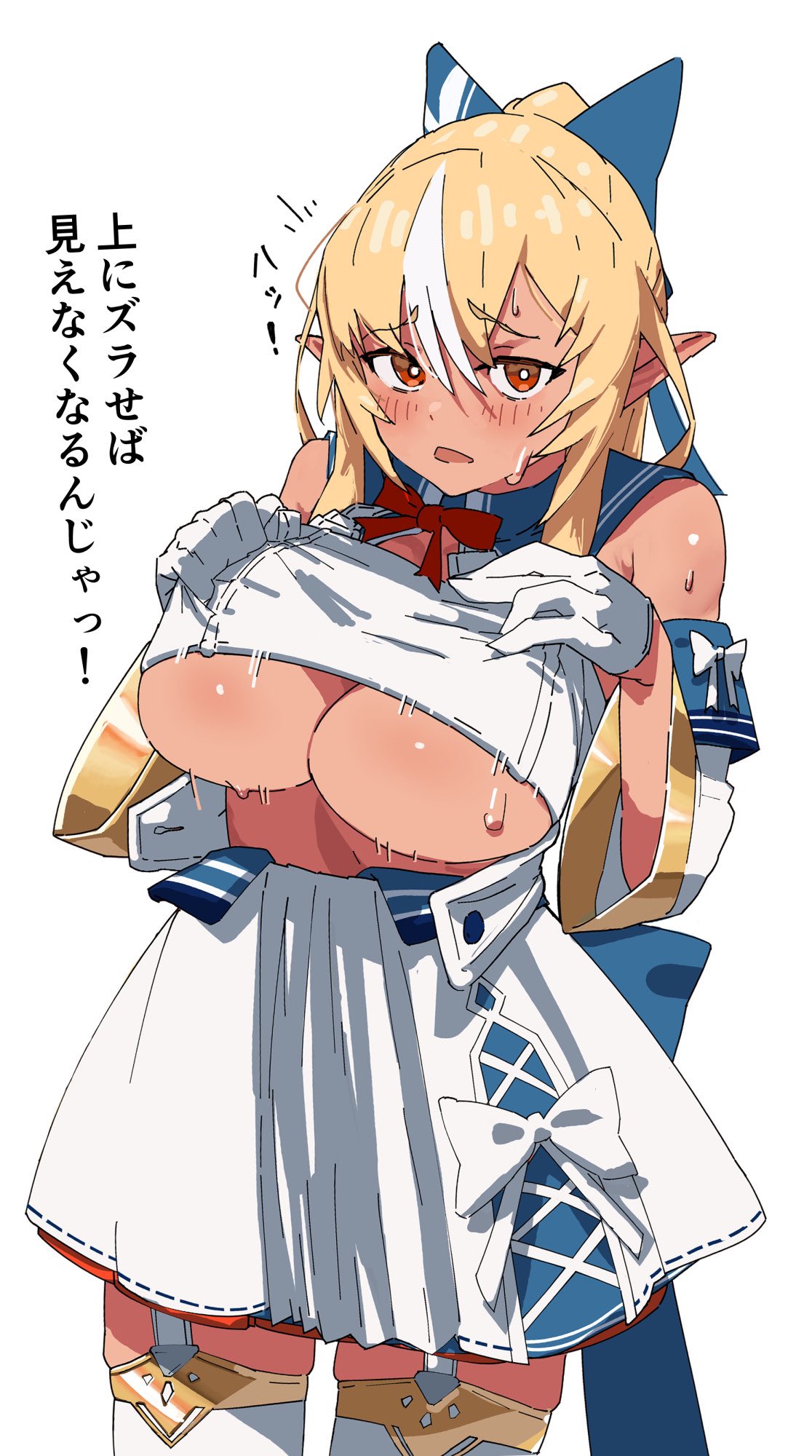 1girl blonde_hair blush bow bow_skirt breasts clothes_lift commentary_request cutout_above_navel dark-skinned_female dark_elf dark_skin detached_sleeves elf embarrassed garter_straps gloves hair_bow half_gloves halter_shirt halterneck high_ponytail highres hololive large_breasts lifted_by_self long_hair looking_at_viewer multicolored_hair open_mouth orange_eyes pointy_ears ponytail red_eyes shiranui_flare shiranui_flare_(1st_costume) shirt_lift sidelocks simple_background solo streaked_hair sweat translation_request underboob uzuradobin virtual_youtuber white_background white_garter_straps white_gloves white_hair