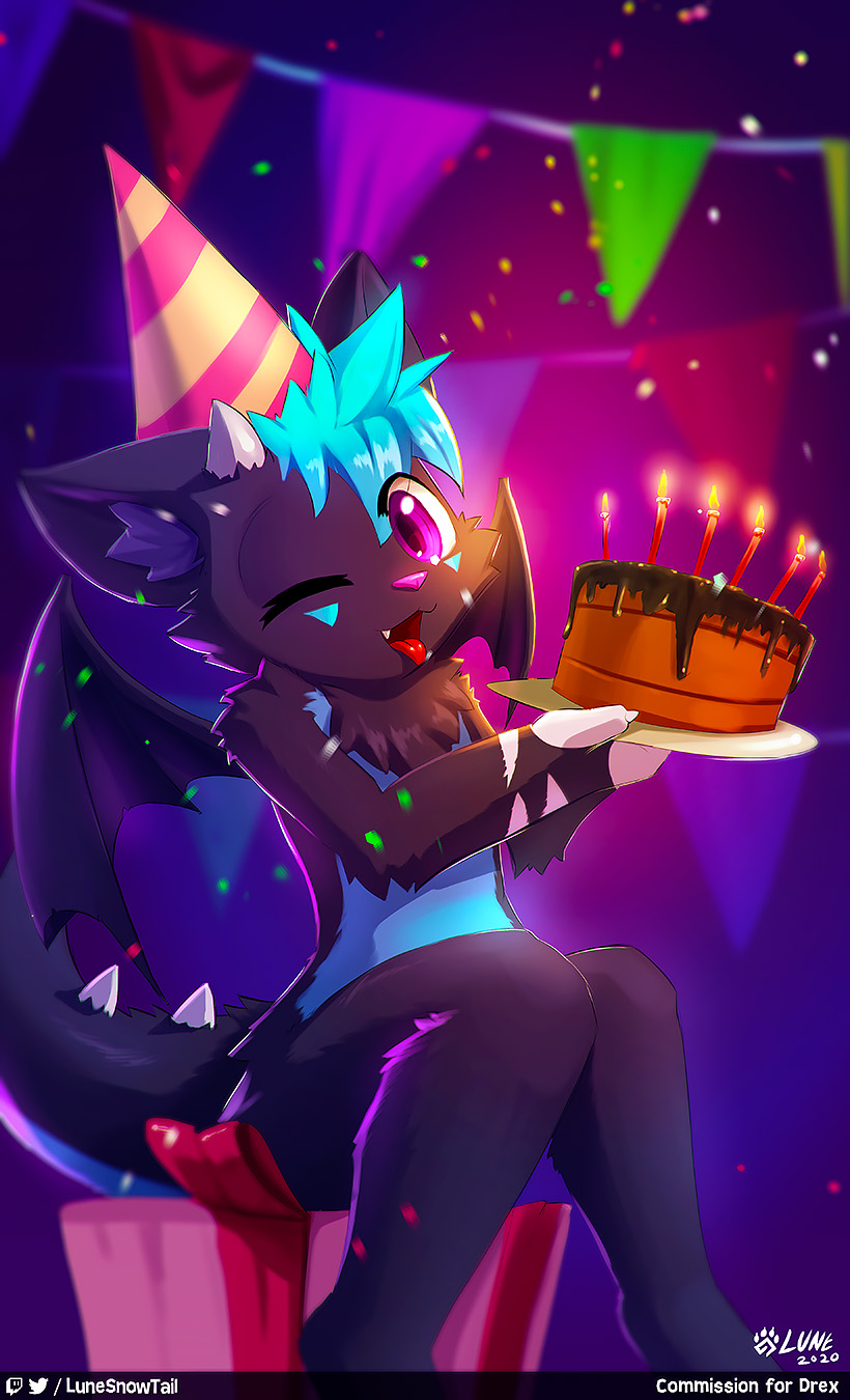 2020 anthro artist_name biped birthday_cake black_body black_fur blue_body blue_countershading blue_fur blue_hair cake candle clothing countershade_fur countershade_torso countershading cute_fangs dated dessert digital_media_(artwork) dragon food fur furred_dragon gift hair hat headgear headwear hi_res holding_cake holding_food holding_object horn inner_ear_fluff lit_candle lunesnowtail male membrane_(anatomy) membranous_wings notched_wings one_eye_closed open_mouth party_hat pink_eyes red_tongue shaded sitting solo spiked_tail spikes spikes_(anatomy) tongue tongue_out tuft wings