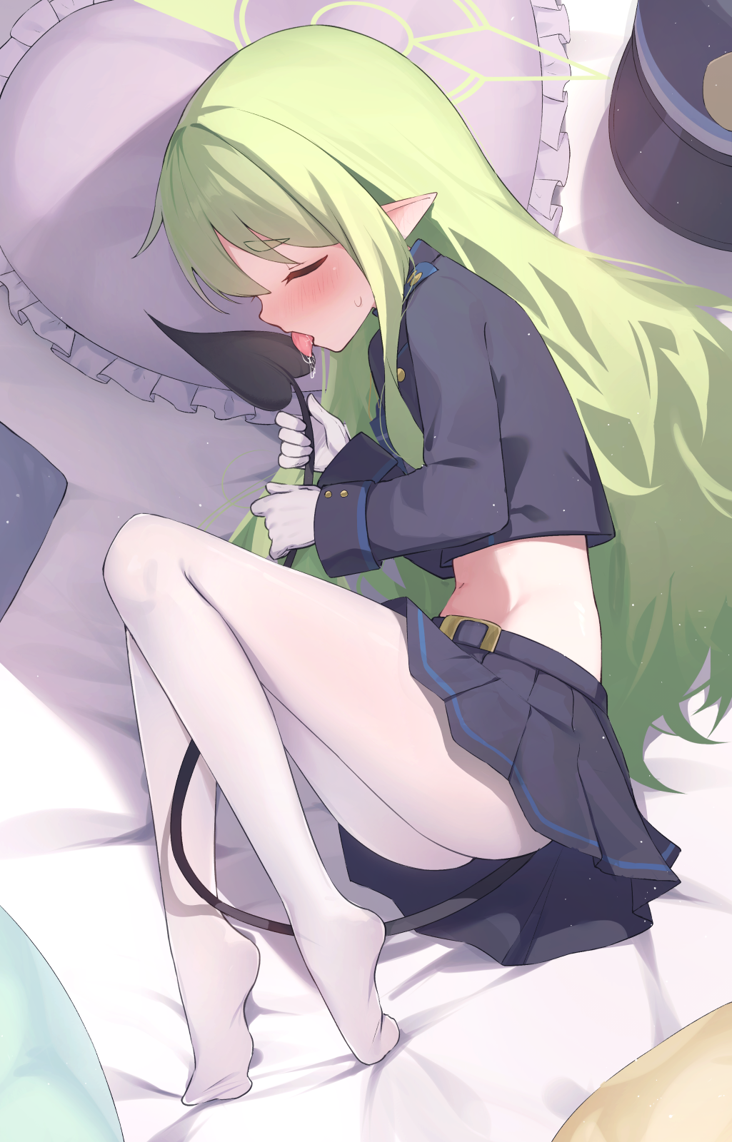 1girl bed_sheet bitseon blue_archive blue_jacket blue_skirt blush closed_eyes commentary_request cropped_jacket demon_tail green_hair halo hat highres hikari_(blue_archive) jacket licking_own_tail long_hair lying midriff miniskirt navel no_shoes on_side pantyhose pleated_skirt pointy_ears profile saliva skirt solo stomach tail unworn_hat unworn_headwear very_long_hair white_pantyhose