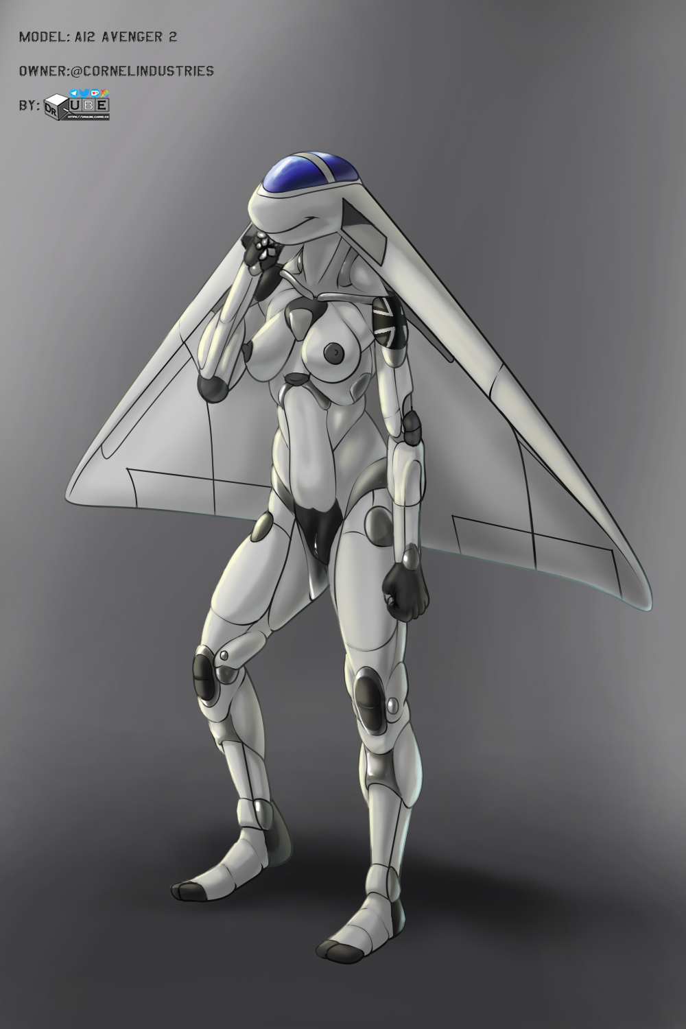 breasts drqube eyeless genitals grey_body hi_res living_machine machine metallic_body nipples pussy robot smile solo wings