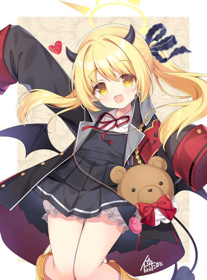 1girl :d aiguillette animal_bag armband arms_up bag bear_bag black_coat black_dress black_horns black_ribbon black_tail black_wings blonde_hair bloomers blue_archive blush border bow brown_background brown_bag buttons coat collared_shirt commentary_request demon_girl demon_horns demon_tail demon_wings dress floating_hair floral_background frills hair_between_eyes hair_intakes hair_ribbon halo heart horns ibuki_(blue_archive) ikataruto long_hair long_sleeves looking_at_viewer low_wings neck_ribbon open_clothes open_coat open_mouth outside_border pleated_dress pointy_ears red_armband red_bow red_ribbon ribbon safety_pin shirt side_ponytail sidelocks simple_background sleeves_past_fingers sleeves_past_wrists smile solo tail tareme very_long_sleeves white_bloomers white_border white_shirt wing_collar wings yellow_eyes