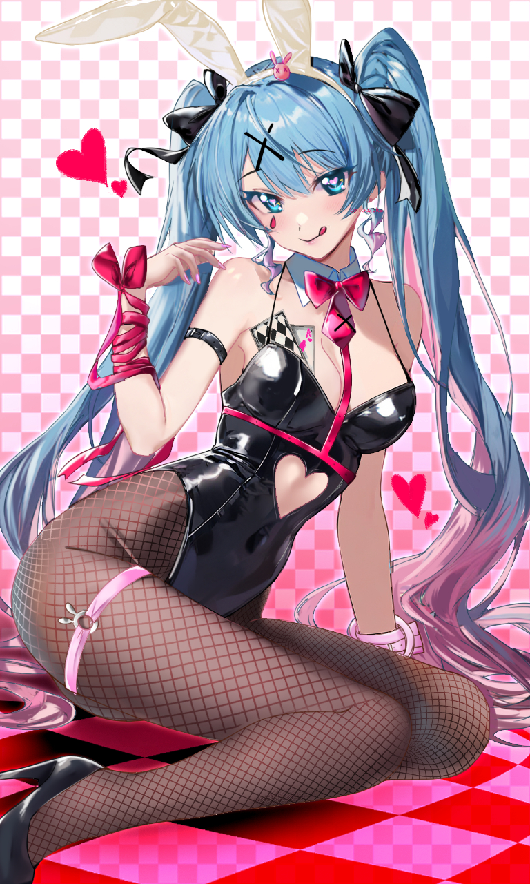 1girl animal_ear_hairband animal_ears blue_eyes blue_hair blush bow bowtie card checkered_background checkered_floor clothing_cutout commentary_request covered_navel detached_collar fake_animal_ears fishnet_pantyhose fishnets hair_bow hair_ornament hairband hairclip hatsune_miku heart heart-shaped_pupils heart_cutout high_heels highres leotard long_hair multicolored_hair o-ring o-ring_thigh_strap pantyhose pink_hair playboy_bunny playing_card rabbit_ear_hairband rabbit_ears rabbit_hole_(vocaloid) ribbon roozaku sitting smile solo symbol-shaped_pupils teardrop_facial_mark thigh_strap tongue tongue_out twintails very_long_hair vocaloid wrist_ribbon x_hair_ornament