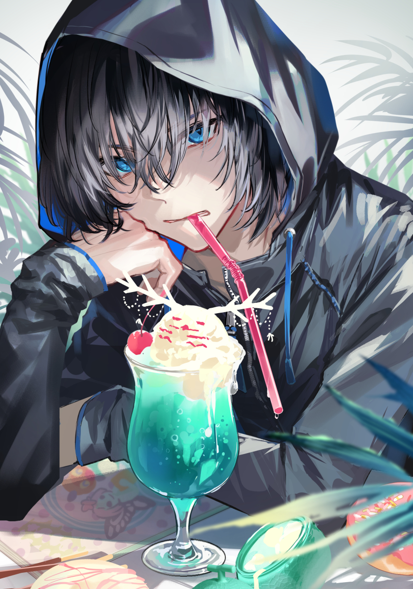 1boy black_hair black_jacket blue_eyes blurry cernunnos_(fate) character_food cherry commentary cup depth_of_field doughnut drawstring drink drinking_glass drinking_straw drinking_straw_in_mouth elbow_rest fate/grand_order fate_(series) food fruit glaring hair_between_eyes hair_over_eyes hand_on_own_cheek hand_on_own_face hand_up head_rest highres hood hood_up hooded_jacket hurricane_glass ice_cream ice_cream_float jacket long_sleeves looking_at_viewer male_focus mouth_hold oberon_(fate) oberon_(moody_summer_oberon)_(fate) palm_leaf parted_lips poppoman short_hair solo upper_body zipper zipper_pull_tab