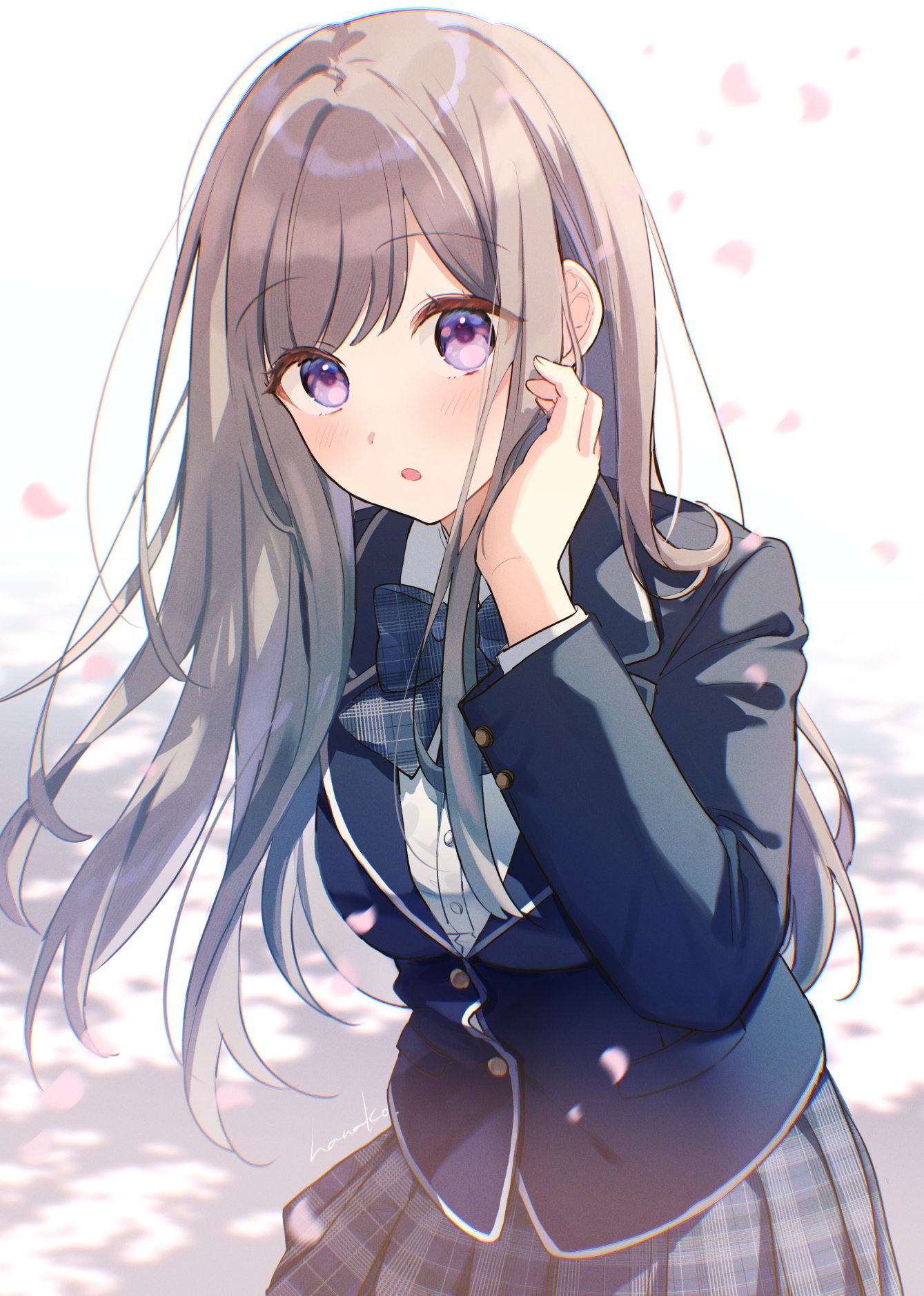 1girl :o arm_behind_back black_jacket blazer blurry blurry_background blush bow bowtie breasts brown_hair commentary_request depth_of_field dot_nose falling_petals grey_bow grey_bowtie grey_skirt hanako151 hand_in_own_hair hand_up highres jacket lapels large_breasts leaning_forward long_hair long_sleeves looking_at_viewer notched_lapels open_mouth original petals plaid plaid_bow plaid_bowtie plaid_skirt pleated_skirt purple_eyes raised_eyebrows school_uniform shirt sidelocks signature skirt solo surprised swept_bangs thick_eyelashes white_shirt